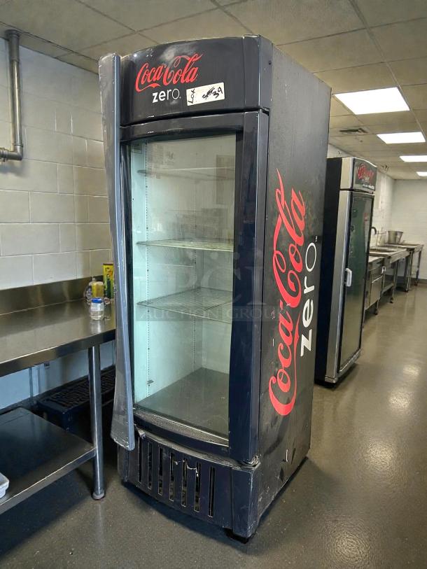 True GDM-26-HC~TSL01 refrigerated glass door merchandiser, Coca-Cola Zero branding, great condition, tested and working.