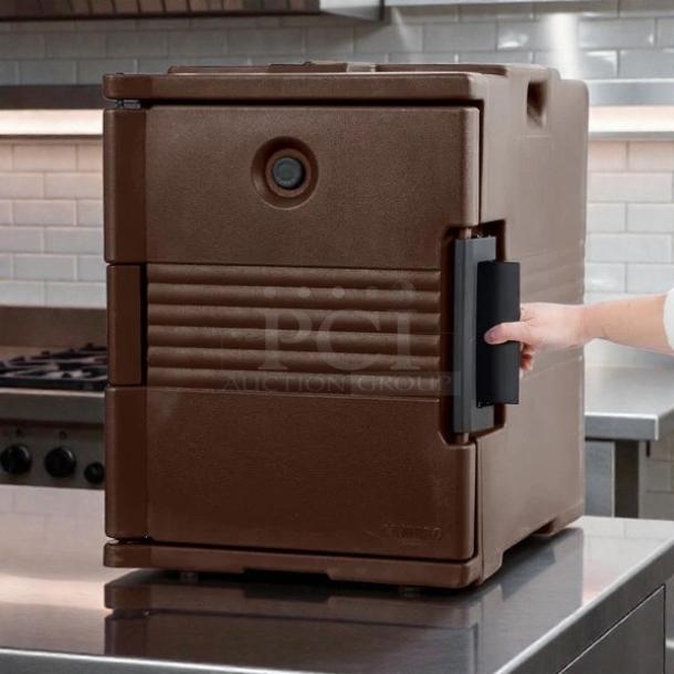 Cambro UPC400110 Camcarrier®, brown, holds 4 full-size 4" pans, excellent condition, durable and insulated for catering.
