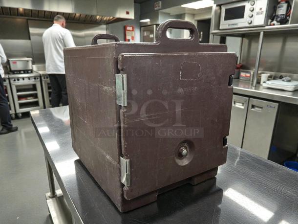 Cambro UPC400110 Camcarrier, brown, holds 4 full-size 4" deep pans, excellent condition, durable latches, embossed logo.