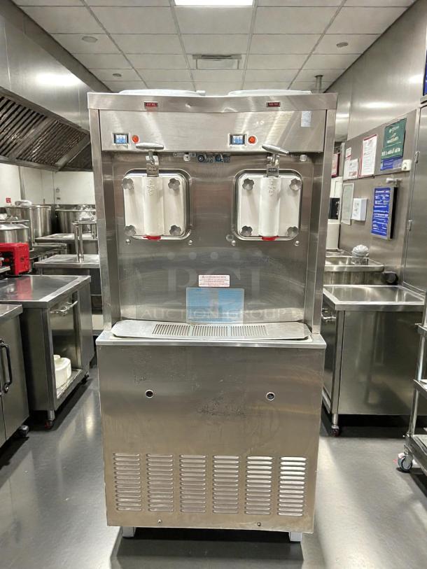 Taylor 772 soft serve freezer, floor model, self-contained, two-flavor, stainless steel, tested and working.
