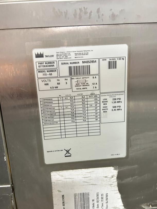 Taylor 772 Soft Serve Freezer, floor model, two flavors, self-contained, tested and working. Serial M4053954 visible.