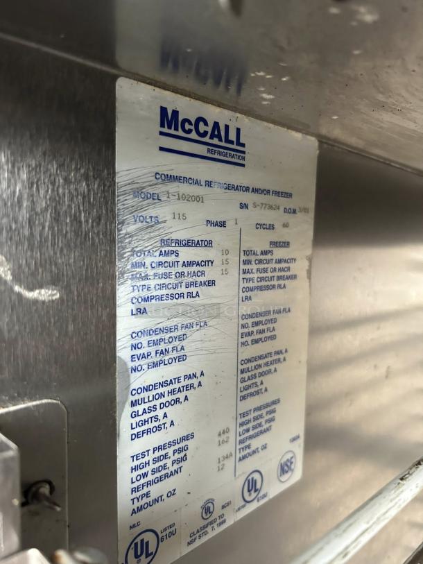 McCall 1-102001 28" refrigerator nameplate, excellent condition, model details visible. Tested and working.