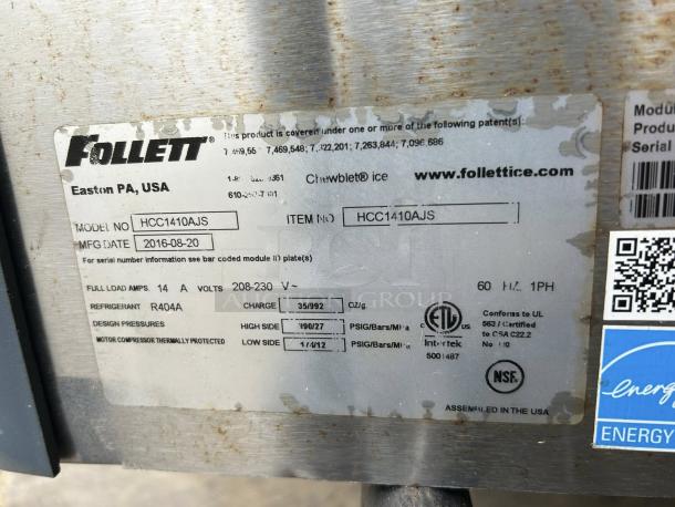 Follett HCC1410AJS Horizon Elite 29" ice machine label showing model, make, manufacture date, and specifications.