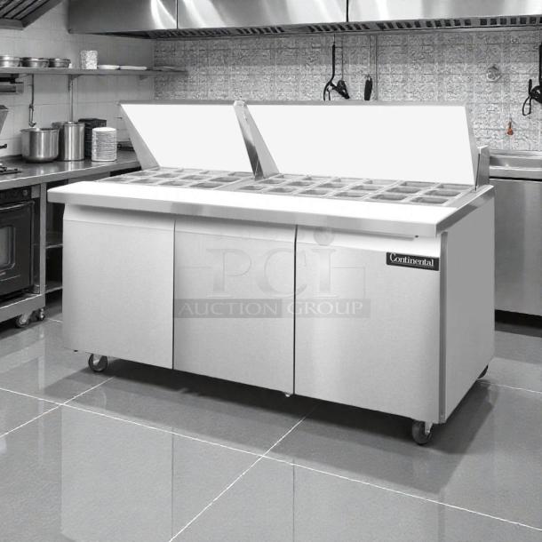 Continental Refrigerator SW72-N-30M 72" 3-door refrigerated sandwich prep table, tested working, sleek stainless steel.