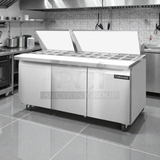 Continental Refrigerator SW72-N-30M 72" 3-door refrigerated sandwich prep table, tested working, sleek stainless steel.