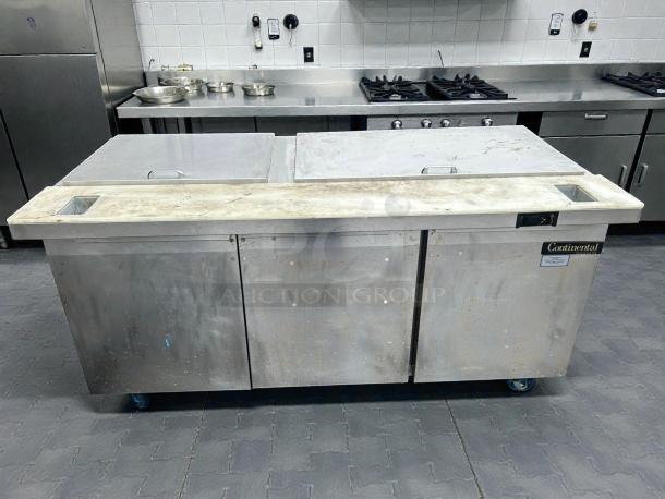 Continental Refrigerator SW72-N-30M, 72" 3-door refrigerated sandwich prep table in stainless steel, used condition, tested working.