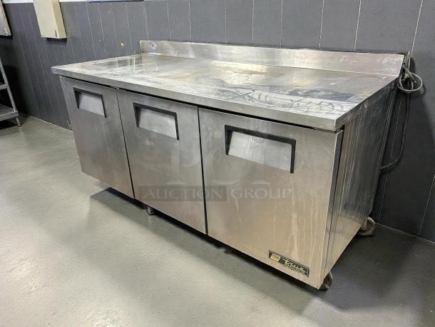 True TUC-72-HC undercounter refrigerator, 72", stainless steel, three sections, excellent condition, tested, 115v.