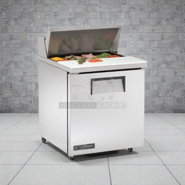 True TSSU-27-08-ADA-HC refrigerated sandwich prep table, 27 7/8" ADA height, stainless steel, right-hinged door, tested.
