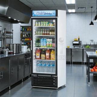 Turbo Air TGM-22RV-N6 glass door merchandiser refrigerator, excellent condition, tested and working, stocked with beverages.