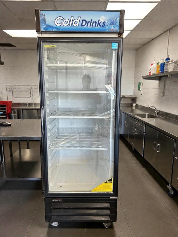 Turbo Air TGM-22RV-N6 glass door merchandiser refrigerator, excellent condition, tested and working, Cold Drinks signage.