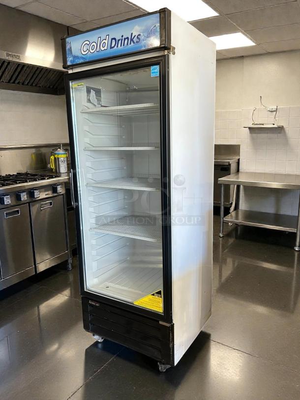 Turbo Air TGM-22RV-N6 glass swing door refrigerator, excellent condition, tested and working, Cold Drinks branding visible.