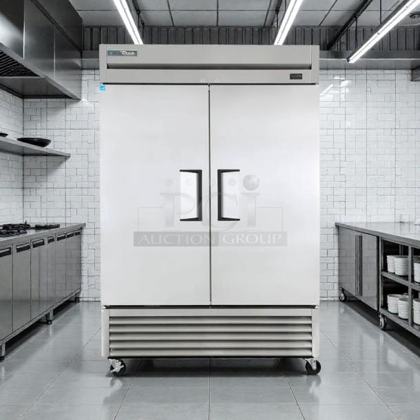 True T-49F-HC 54" reach-in freezer, two sections, great condition, tested and working. Brand name visible on upper front.