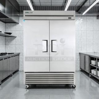 True T-49F-HC 54" reach-in freezer, two sections, great condition, tested and working. Brand name visible on upper front.