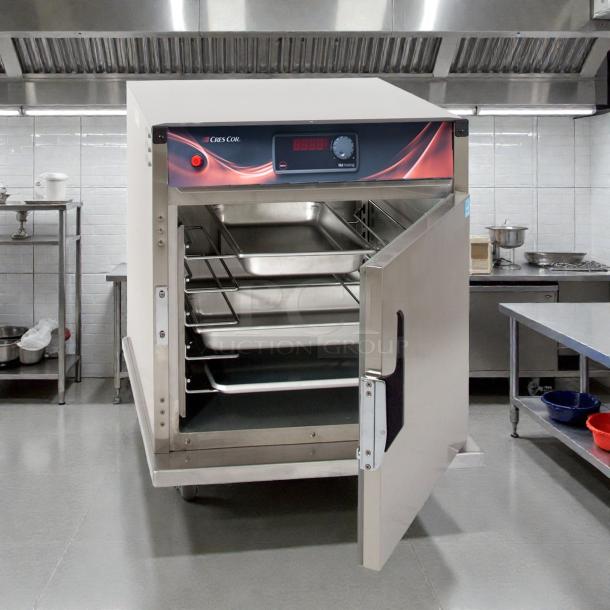 Cres Cor H137SUA5D hot cabinet, stainless steel, insulated, undercounter, tested working condition, open door showing racks.