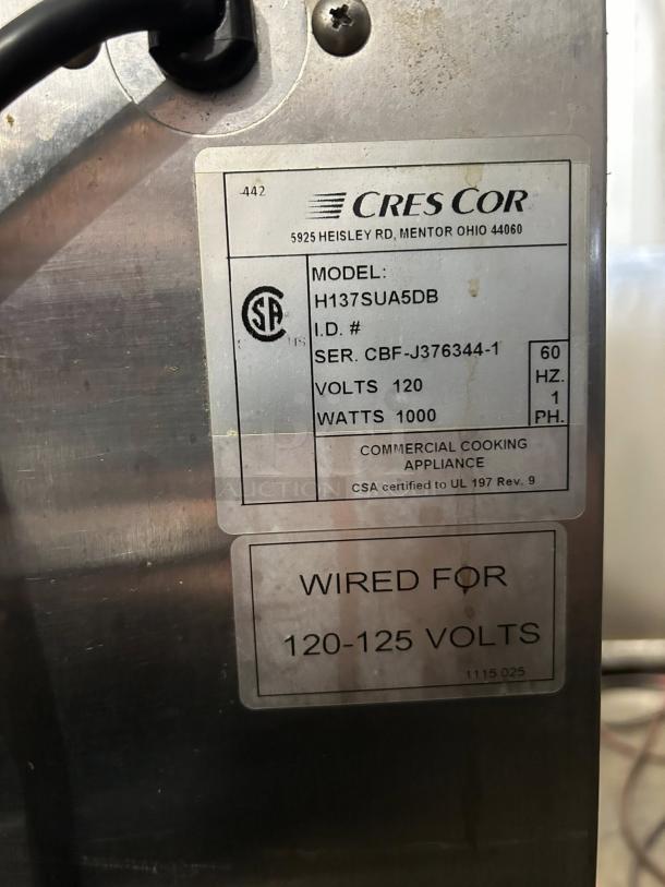 Cres Cor H137SUA5D hot cabinet, stainless steel, undercounter model, tested, with label showing 120 volts, 1000 watts.