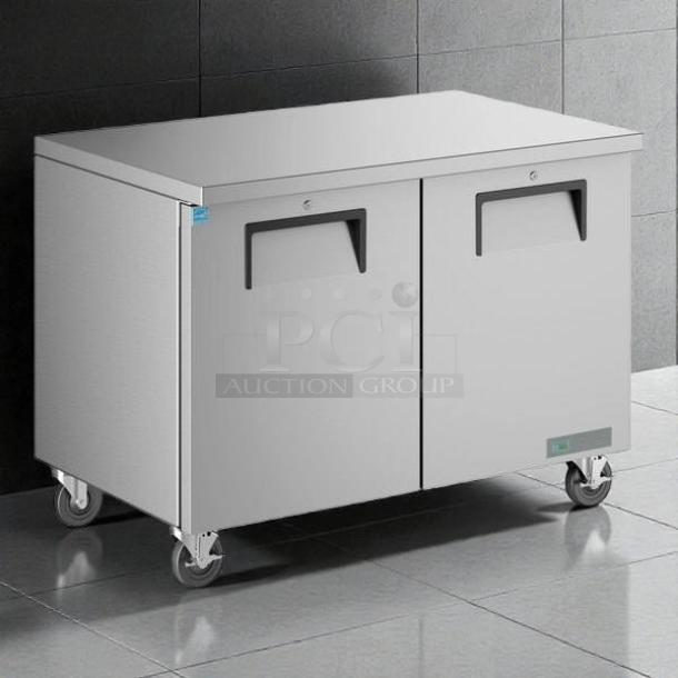 True TUC-48-HC undercounter refrigerator in excellent condition, stainless steel, double doors, on casters, 48 3/8" wide.