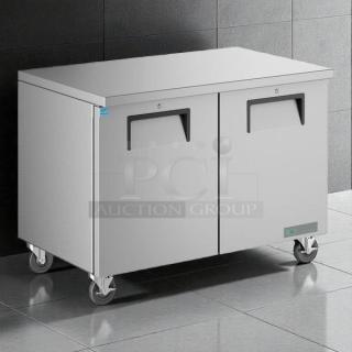 True TUC-48-HC undercounter refrigerator in excellent condition, stainless steel, double doors, on casters, 48 3/8" wide.