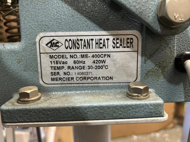Uline H-28 24" Impulse Sealer, foot-operated, great condition, tested, working. Label shows details from Mercier Corporation.