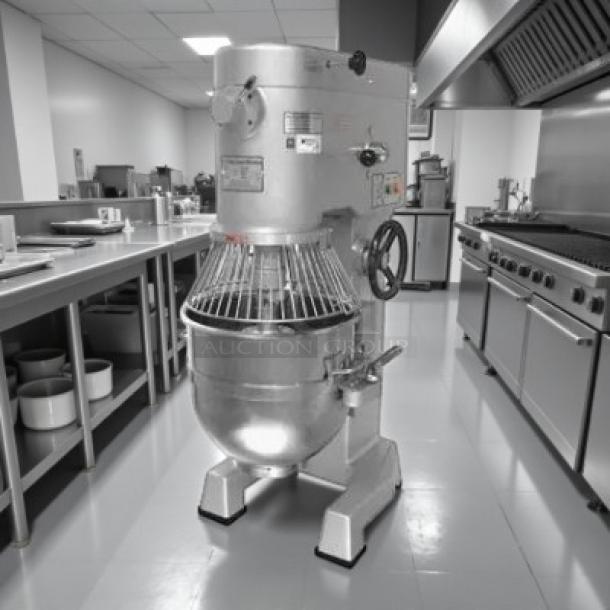 Precision Maker 60 Qt dough mixer, 220v, 3ph, tested, working condition, stainless steel, with safety guard and control panel.