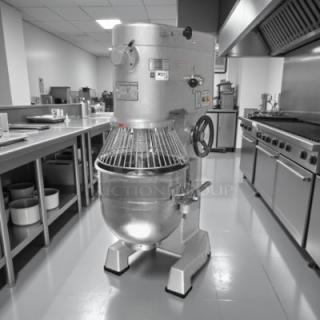 Precision Maker 60 Qt dough mixer, 220v, 3ph, tested, working condition, stainless steel, with safety guard and control panel.