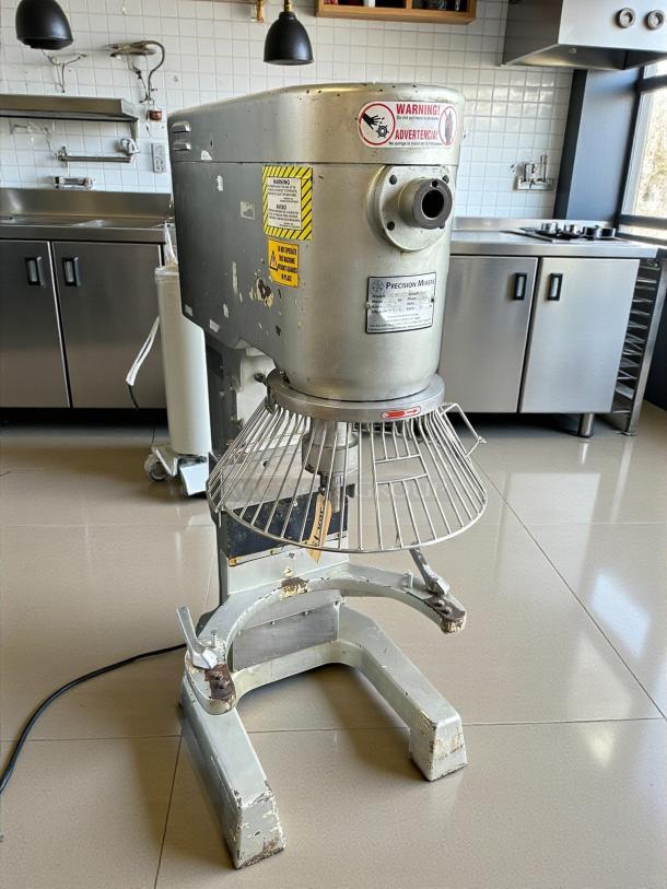 60 Qt Precision Maker Dough Mixer, 220v, 3ph, tested, working, used condition, warning labels, industrial kitchen setting.