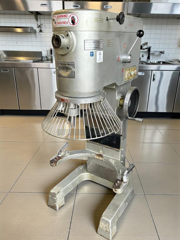 Precise 60 Qt Dough Mixer by Precision Maker, 220v 3ph, tested and working. Visible tags indicate model and safety warnings.