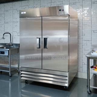 Cooler Depot XB54F-HC 2-door stainless steel upright freezer, excellent condition, tested and working, on casters.