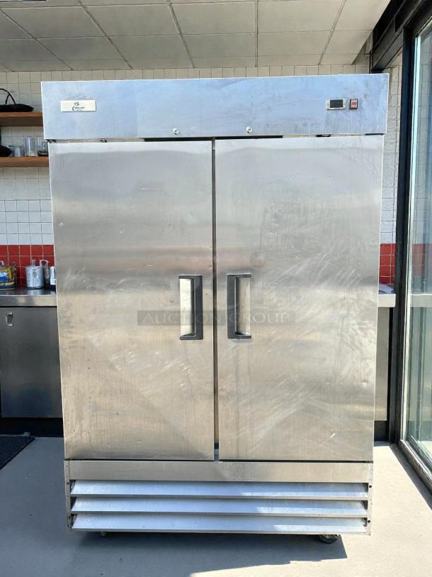 Cooler Depot XB54F-HC 2-door commercial freezer in stainless steel. Tested, working condition. Upper label shows brand.