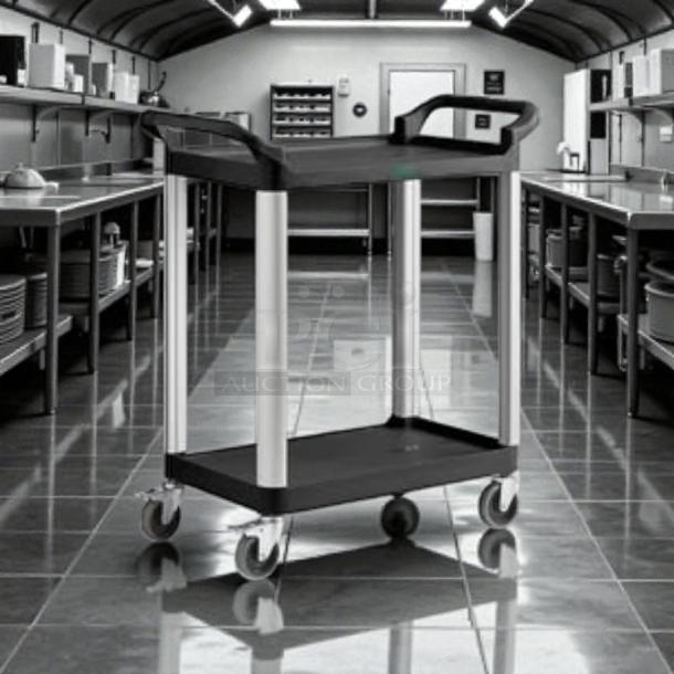 Brand new Choice black utility cart, 32"x16", two shelves, sturdy handles, silver supports, and caster wheels.