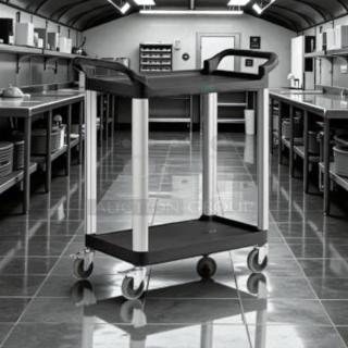 Brand new Choice black utility cart, 32"x16", two shelves, sturdy handles, silver supports, and caster wheels.