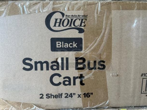 Brand new Choice Black Utility/Bussing Cart, two shelves, 32" x 16", packaging shows "Small Bus Cart," measures 24" x 16".