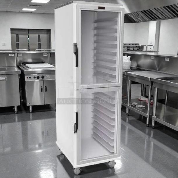 Brand new Lockwood CA72-RR18-CDD full-height Dutch door display cabinet with dual compartments and transparent doors.