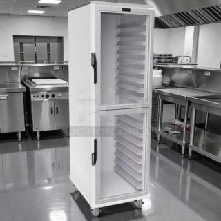 Brand new Lockwood CA72-RR18-CDD full-height Dutch door display cabinet with dual compartments and transparent doors.