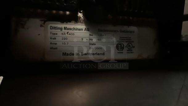 Ditting KR1403 Commercial Coffee Grinder label showing model, voltage, and manufacturing details. Excellent condition.