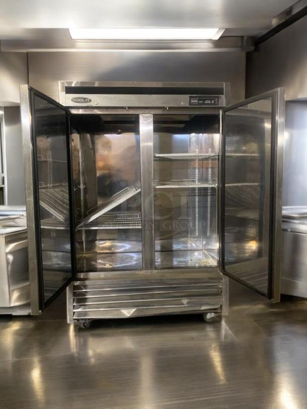 KOOL-IT KSM-2 double glass door commercial refrigerator, prime condition, 115V, fully tested, with interior shelving.