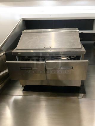Delfield D4448N-18M-A21 refrigerated prep table with double drawers, stainless steel, prime condition, 115V, fully tested.