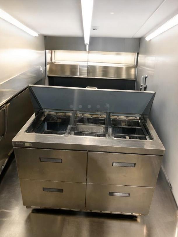 Delfield D4448N-18M-A21 refrigerated prep table with double drawers, stainless steel, 115V, prime condition, fully tested.