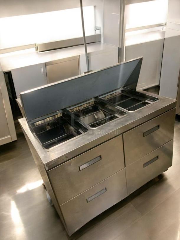 Prime condition Delfield D4448N-18M-A21 refrigerated prep table, double drawers, stainless steel, fully tested, 115V.