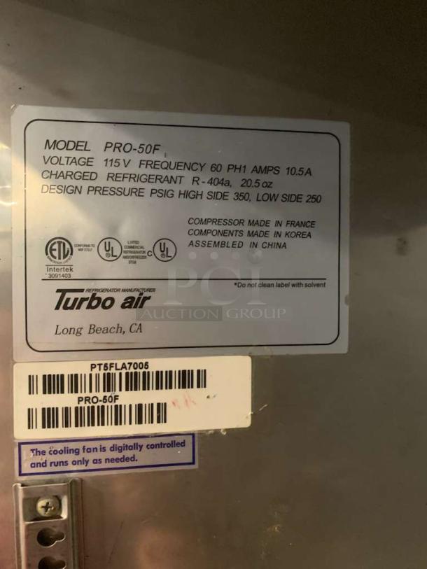 Turbo Air PRO-50F commercial freezer label, showing model, 115V, charged refrigerant R-404a, prime condition, ETL/UL certified.