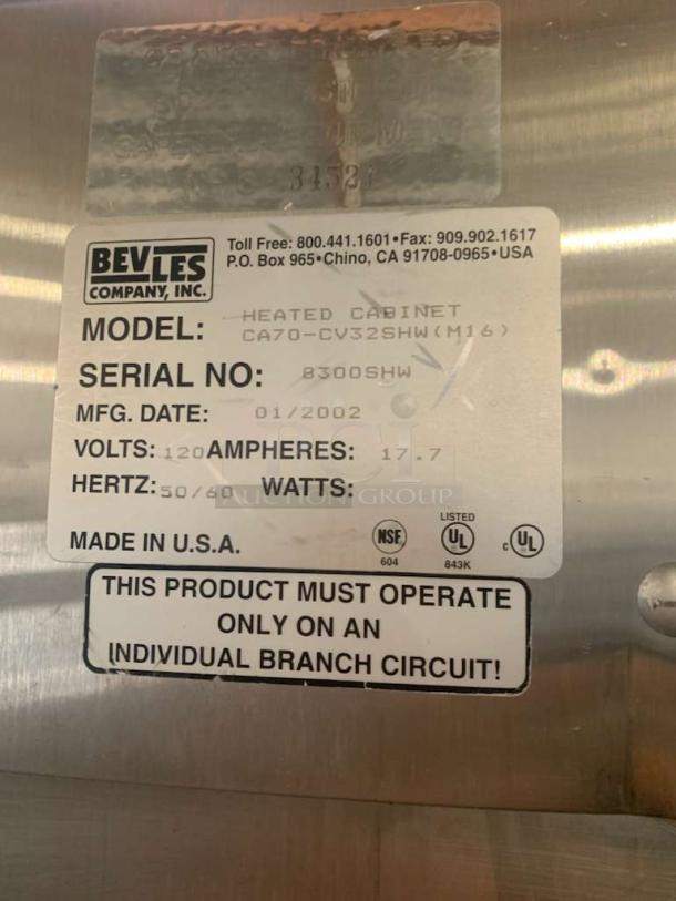 Bevles CA70-CV32SHW Heated Holding Cabinet, prime condition, 120V, tested and working, serial #B3005HW, made in USA.