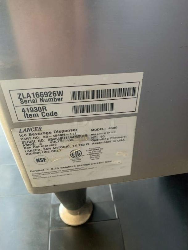 Lancer 4500 Ice Beverage Dispenser, premium condition, 115V, serial no. 85-4548H-111, NSF certified, assembled in USA.