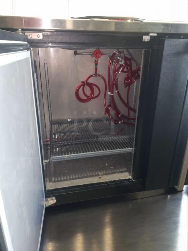 Micro Matic MBB94E beer dispenser with 8-tap brass tower, 115V, in outstanding condition, open door showing interior.