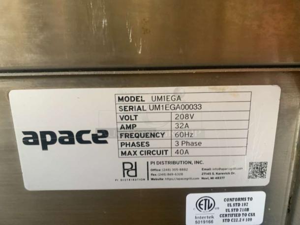 Apace UM1EGA commercial grill system, 208V, 32A, 60Hz, 3-phase. Outstanding condition, fully tested. Model and serial info visible.