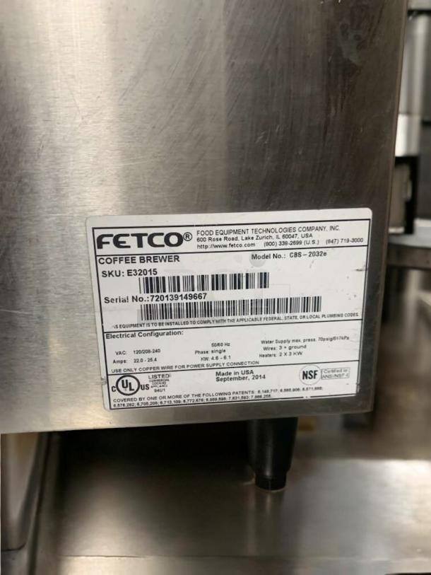 FETCO CBS-2032e commercial coffee brewer, outstanding condition, label shows model, serial number, and electrical specs.