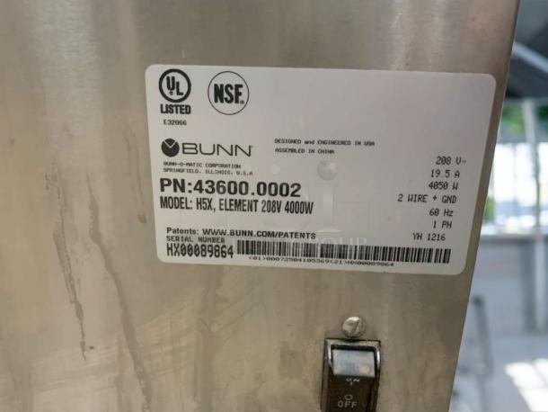 BUNN H5X hot water dispenser label, showing model and specs: 208V, 4000W, immaculate condition, fully tested.