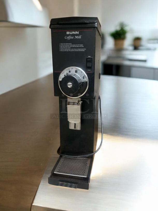 Pristine BUNN G3 HD Coffee Grinder, 120V, black, fully tested, excellent condition, visible control dial and label.