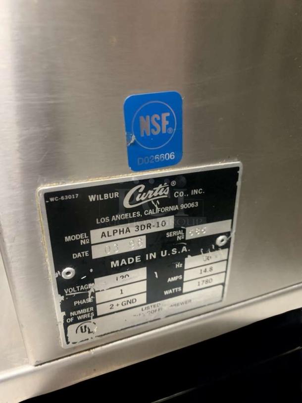 Wilbur Curtis ALPHA 3DR-10 coffee brewer, three-burner, gently used, 120V, NSF certified, model plate visible.