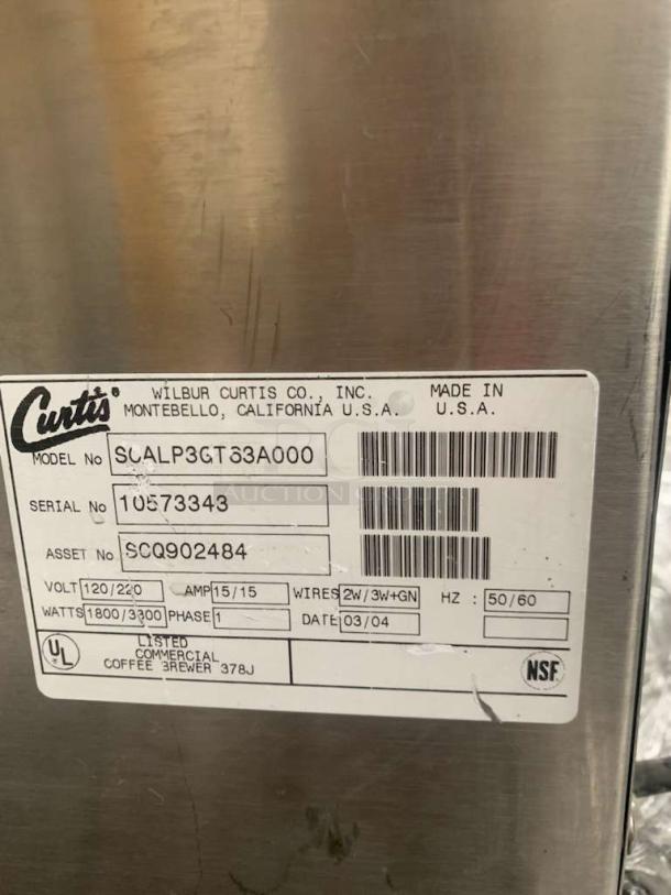 Wilbur Curtis SCALP3GT3A000 coffee brewer label showing model, serial, and voltage details; tested and working.