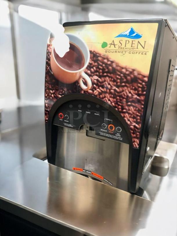 BUNN LCA-2 LP ambient coffee dispenser in great condition, fully tested, working, with Aspen Gourmet Coffee branding.
