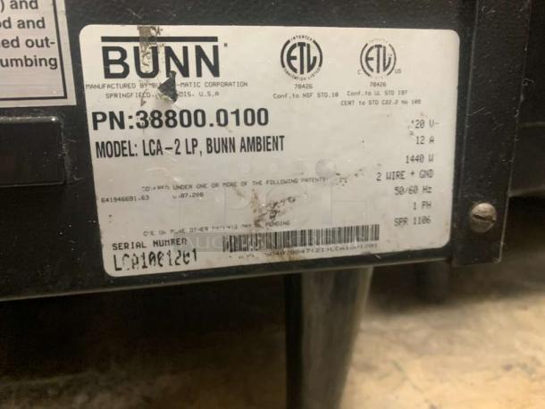 BUNN LCA-2 LP coffee dispenser label, showing model, serial number LP01A01261, 120V, 12A, 1440W, manufactured by BUNN-O-MATIC.